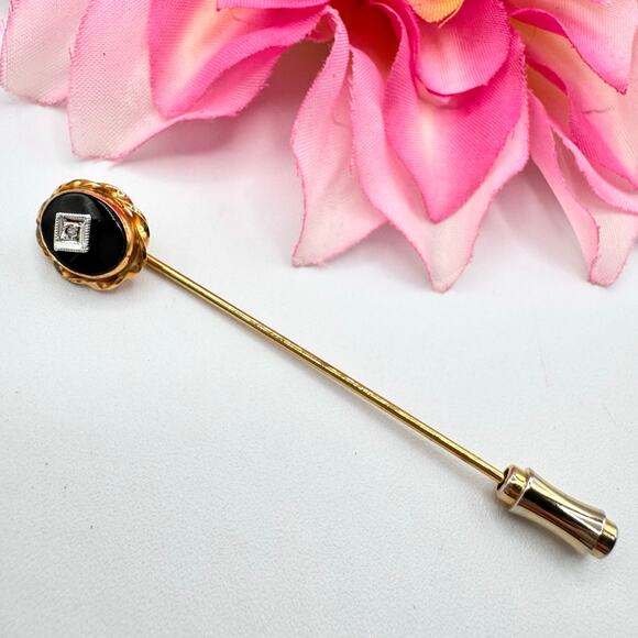 Vintage Diamond And Onyx? Stick Pin Gold Tone Goth Romantic Mourning Art Deco - Picture 2 of 10